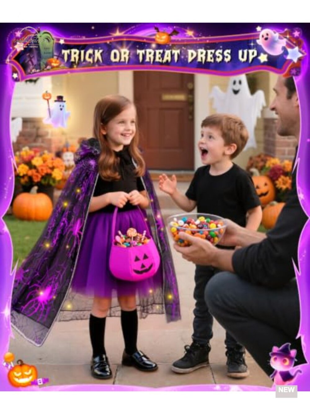 Girls Light Up Witch Cape Halloween Costume Set with Trick or Treat Bag - Picture 3 of 6